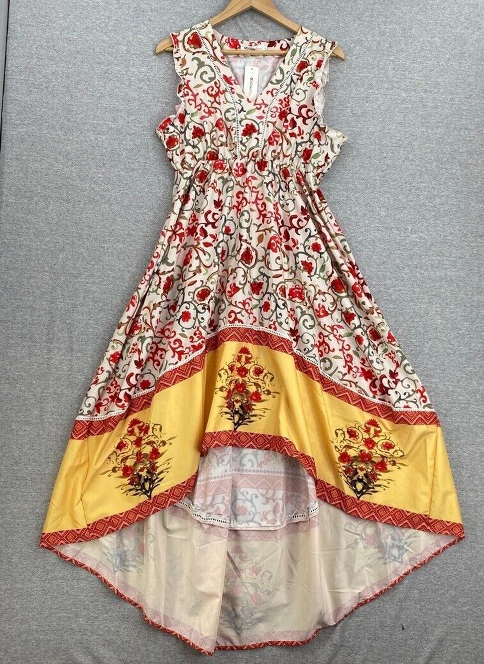 OC Order Plus Dress Womens Large Red Yellow Floral Hi Low Sleeveless V Neck